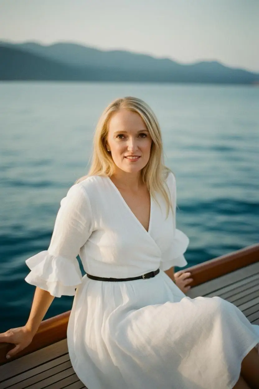 Amy swinger cruise travel cruise expert sitting by the ocean representing Castaways Travel team