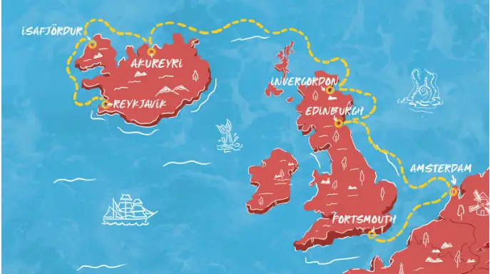 Illustrated map showing the Virgin Voyages route from Portsmouth to Amsterdam, Edinburgh, Invergordon, Akureyri, Isafjordur, and Reykjavik for the August 2026 sailing