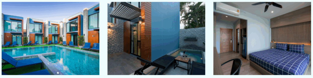 Collage of Peace Blue Naturist Resort Phuket showing the main pool with villa suites, a private plunge pool patio and a modern guest bedroom.