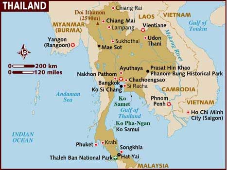 Map of Thailand highlighting major tourist destinations including Phuket, Pattaya, Bangkok, Chiang Mai, Koh Samui and surrounding regions