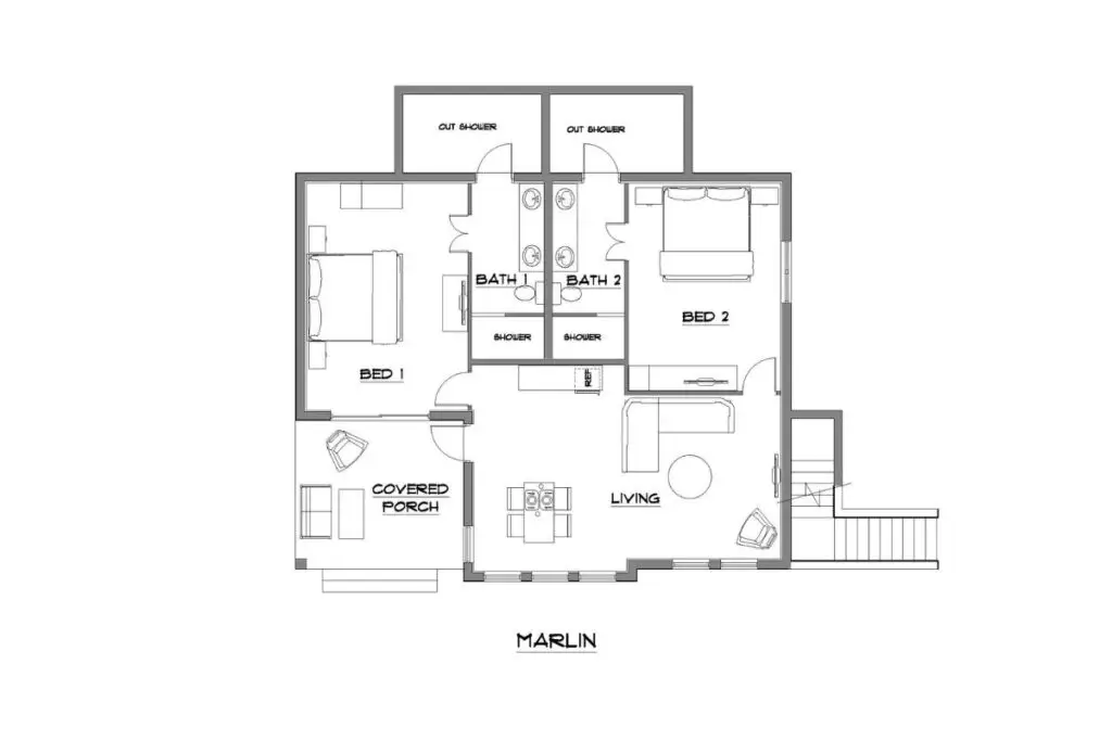 Floor plan layout of the Marlin Bungalow at Sirenian Bay showing bedrooms, bathrooms, covered porches, and accessible design for Nude Takeover 2026