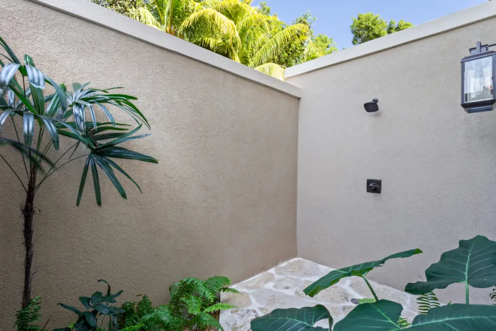 Modern spa style outdoor shower, Sand Dollar Bungalow during the Nude Takeover 2026 in Belize