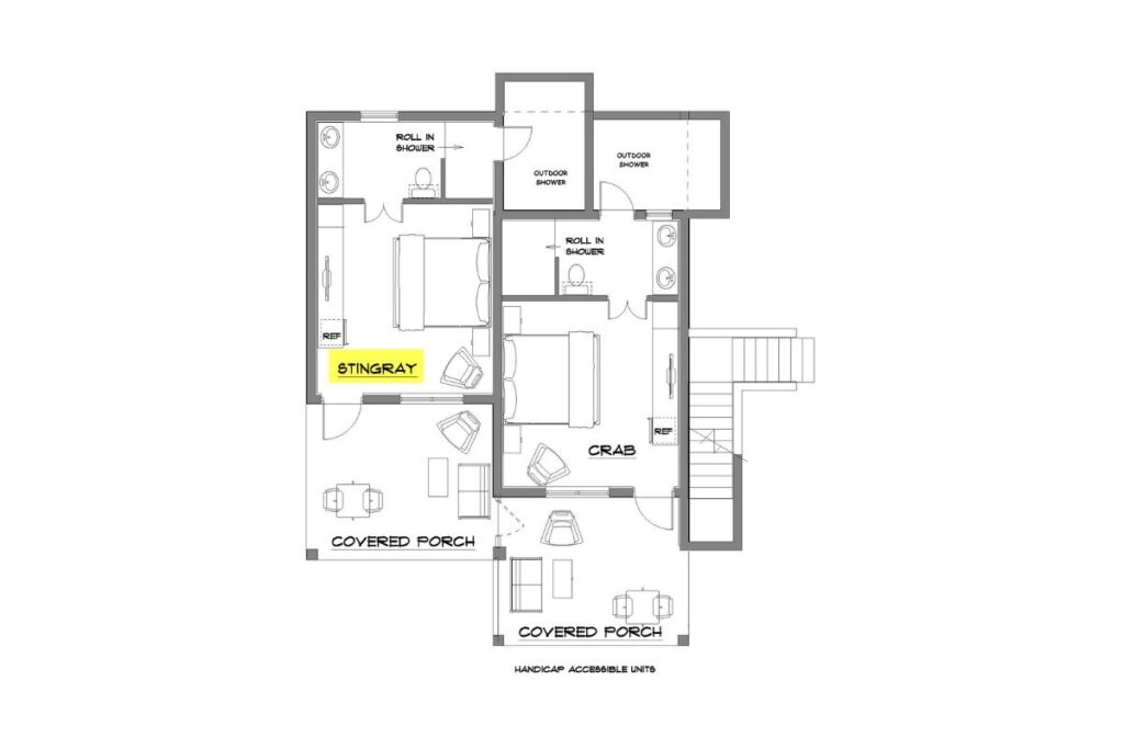 Floor plan layout of the Stingray Bungalow at Sirenian Bay showing bedrooms, bathrooms, covered porches, and accessible design for Nude Takeover 2026