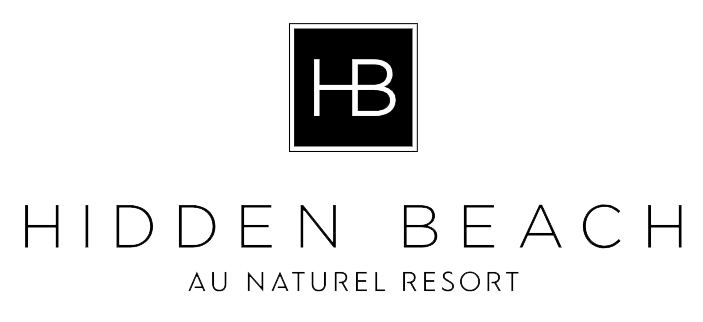 Hidden Beach Au Naturel Resort HB monogram on black background with gold text