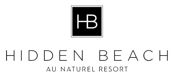Hidden Beach Au Naturel Resort HB monogram on black background with gold text