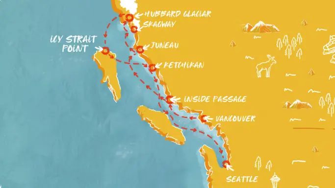 Illustrated map showing the Virgin Voyages route from Vancouver to Inside Passage, Juneau, Skagway, Hubbard Glacier, Icy Strait Point, Ketchikan and Seattle for the May 2027 sailing