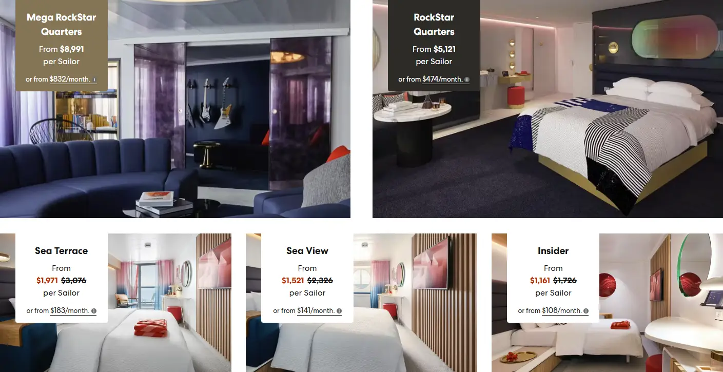 Virgin Voyages Brilliant Lady cabin options with images and prices for Mega Rockstar Quarters, Rockstar Quarters, Sea Terrace, Sea View, and Insider cabins