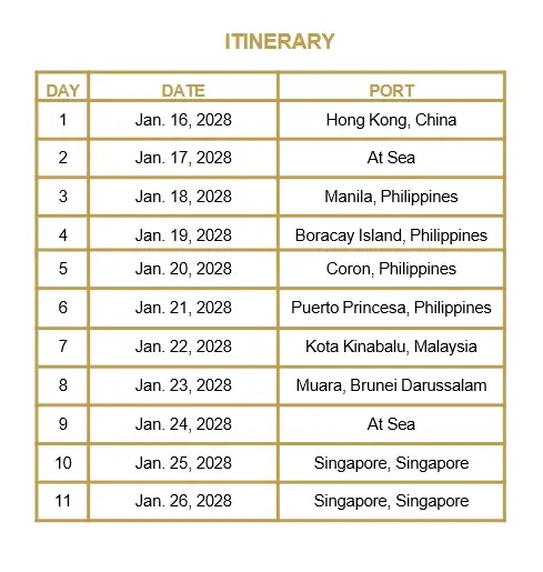 Desire Hong Kong to Singapore swinger cruise 2028 itinerary showing dates and ports including Manila, Boracay, Coron, Puerto Princesa, Kota Kinabalu, Muara, and Singapore