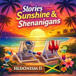 Colorful square promotional graphic for Stories Sunshine and Shenanigans at Hedonism II in Jamaica, featuring a vibrant tropical sunset over the ocean, palm trees, two beach lounge chairs with swimsuits and sunglasses draped over them, tropical cocktails, hibiscus flowers, a wooden Hedonism II sign, and the Jamaica flag in the foreground.