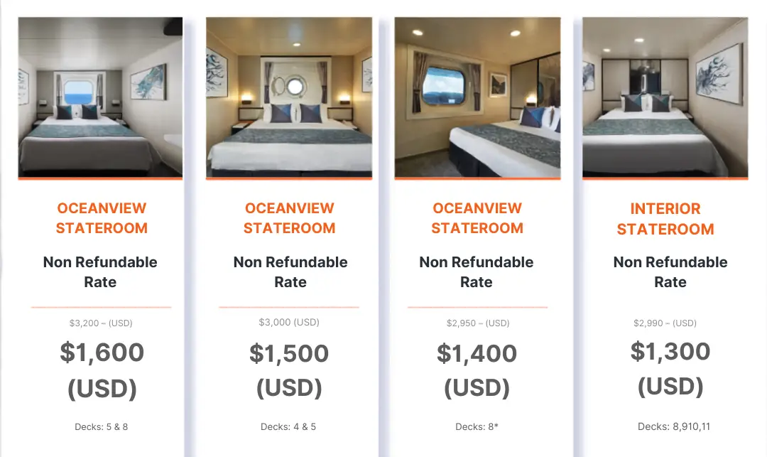 Norwegian Cruise Line stateroom options oceanview and interior cabins cruise special promo pricing comparison