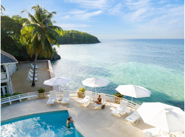 Couples Sans Souci ocean view pool and private beach setting in Ocho Rios Jamaica, adults only clothing optional all inclusive honeymoon and anniversary destination