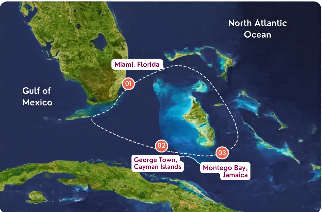 Temptation Cruise itinerary map Miami Montego Bay Jamaica and George Town Cayman Islands adults only lifestyle cruise route
