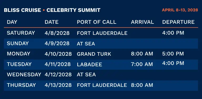 Bliss Cruise April 2028 itinerary showing ports including Fort Lauderdale, Grand Turks and Labadee with sea days and arrival and departure times for swinger cruise