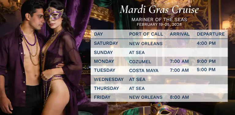 Bliss Cruise Swinger Travel February 2028 itinerary showing ports including New Orleans, Louisiana and Cozumel & Costa Maya with sea days and arrival and departure times