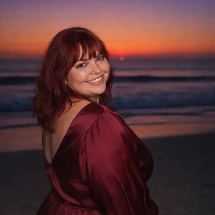 Swinger Cruise and Nude Travel Expert on the beach in red dress