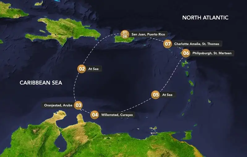 Map of Desire Cruises West Indies itinerary showing route from San Juan to Oranjestad, Willemstad, Philipsburgh, Charlotte Amelia and sea days