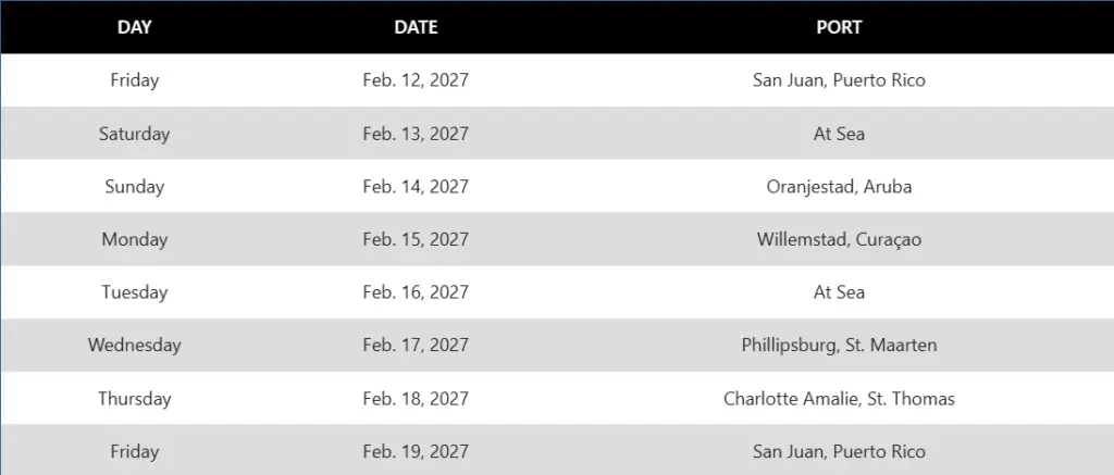 Cruise itinerary table for Desire West Indies sailing February 12 to 19, 2027 listing San Juan, Oranjestad, St., Willemstad, Phillipsburg, Charlotte Amalie and sea days