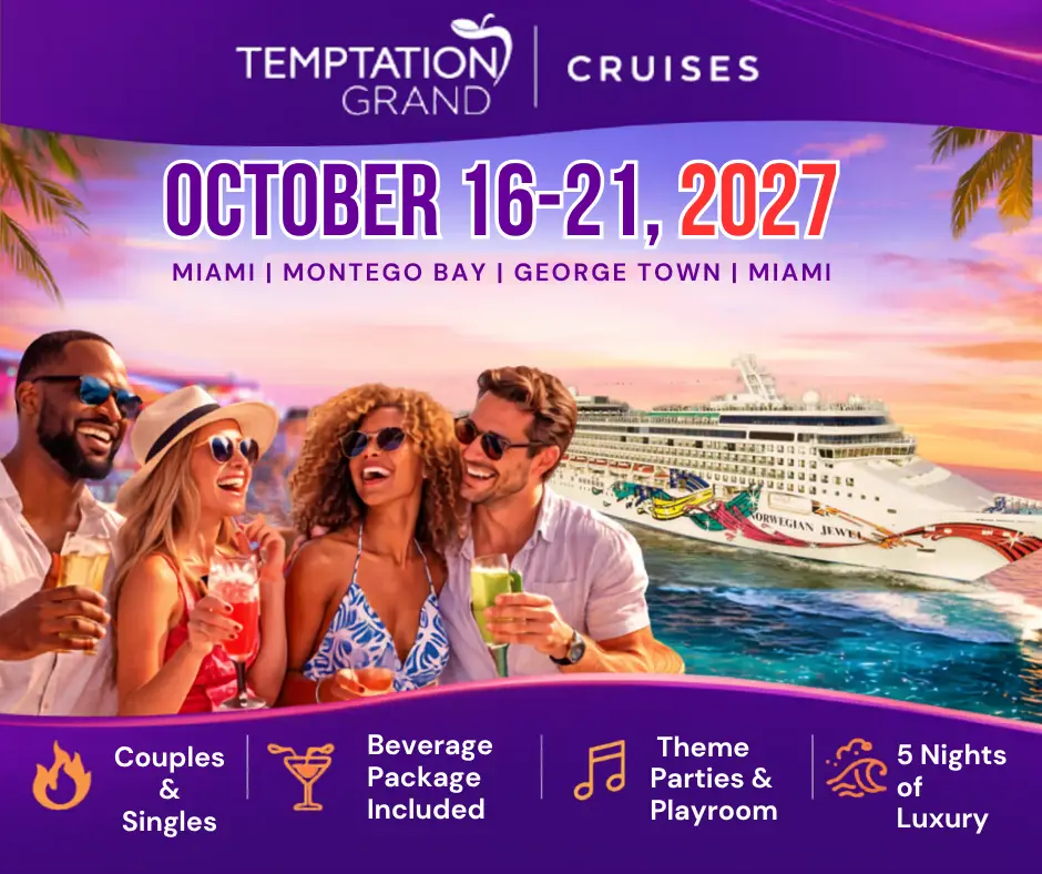 Promotional banner for the Temptation Swinger Cruise 2027 featuring fun-loving couples and tropical background with Miami, Montego Bay, George Town and Miami itinerary