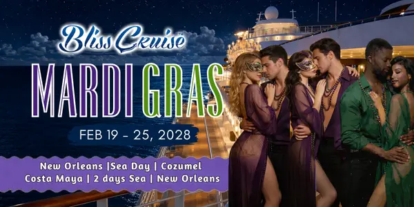 Bliss Cruise Mardi Gras adults only swinger cruise departing New Orleans February 2028 with couples wearing masks and beads on a cruise ship at night