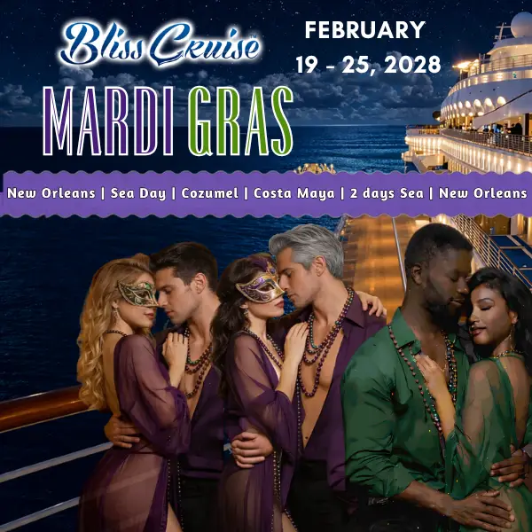 Bliss Cruise Mardi Gras adults only swinger cruise departing New Orleans February 2028 with couples wearing masks and beads on a cruise ship at night