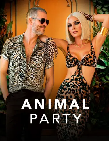 Couples wearing animal print outfits at Animal Party theme night on Desire Cruise August 2026 swinger cruise