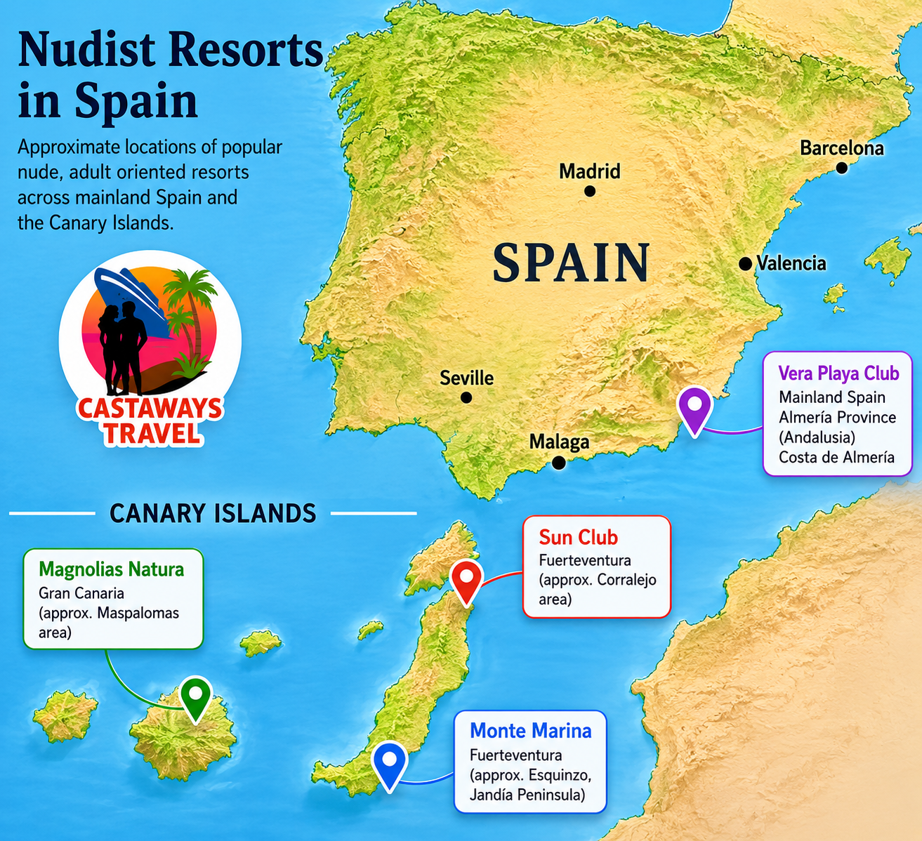 Map showing approximate locations of naturist and nude beach resorts across mainland Spain and the Canary Islands including Vera Playa, Gran Canaria, and Fuerteventura