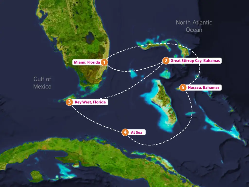 Map showing the route of the Temptation Swinger Cruise 2026 from Miami to Key West and Nassau with sea days in between