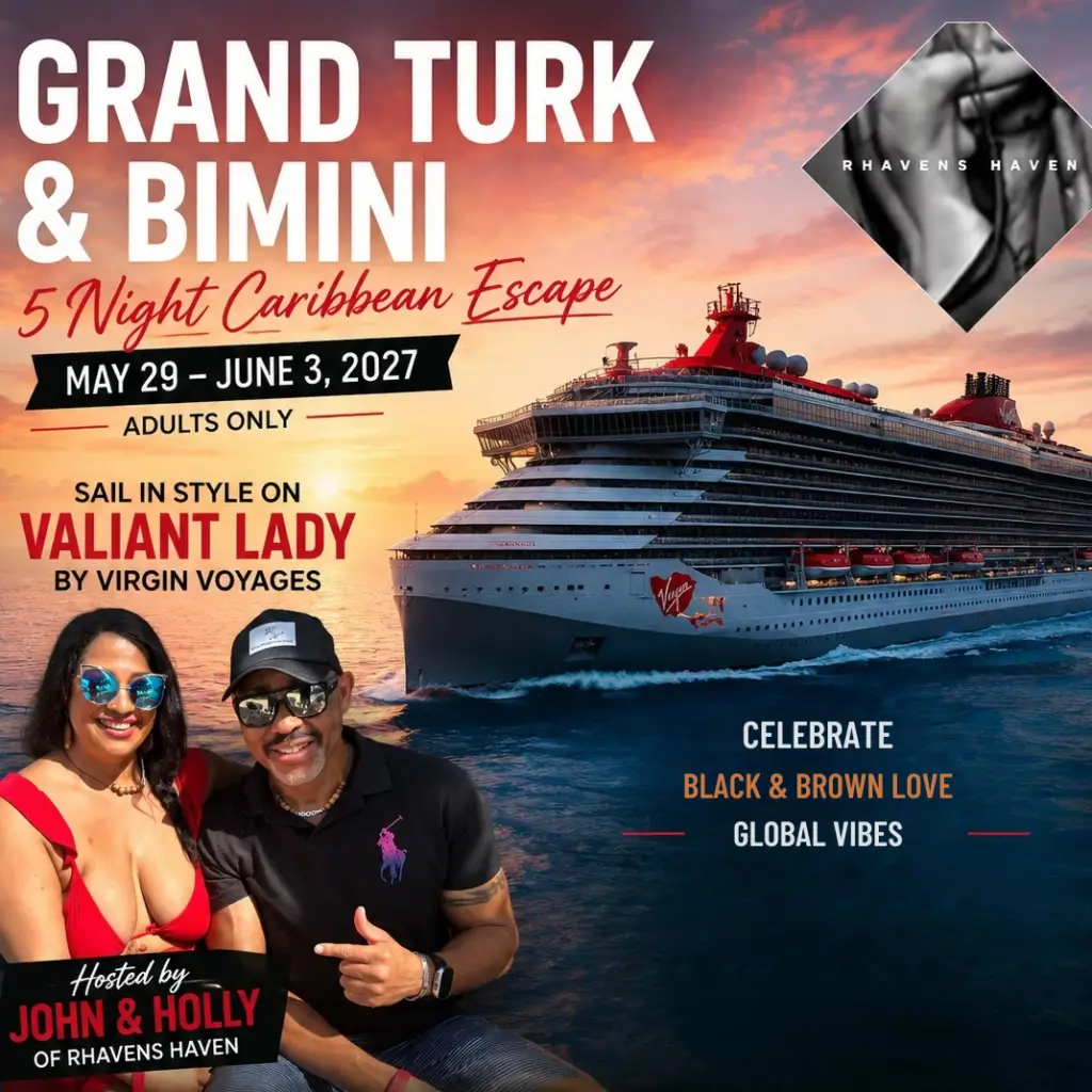 Lifestyle group trip aboard Virgin Voyages Valiant Lady to Grand Turk and Bimini, hosted by Rhavens Haven's John and Holly. Adults only Caribbean cruise for the swinger lifestyle community featuring five nights, Virgin Voyages, Beach Club at Bimini, and Grand Turk.