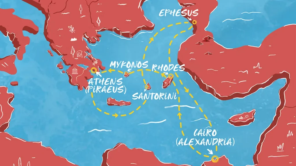 Illustrated route map for an adults only lifestyle group trip aboard Virgin Voyages Scarlet Lady, featuring Athens, Santorini, Mykonos, Rhodes, Ephesus Turkey, and Alexandria Cairo Egypt on a Mediterranean cruise itinerary.