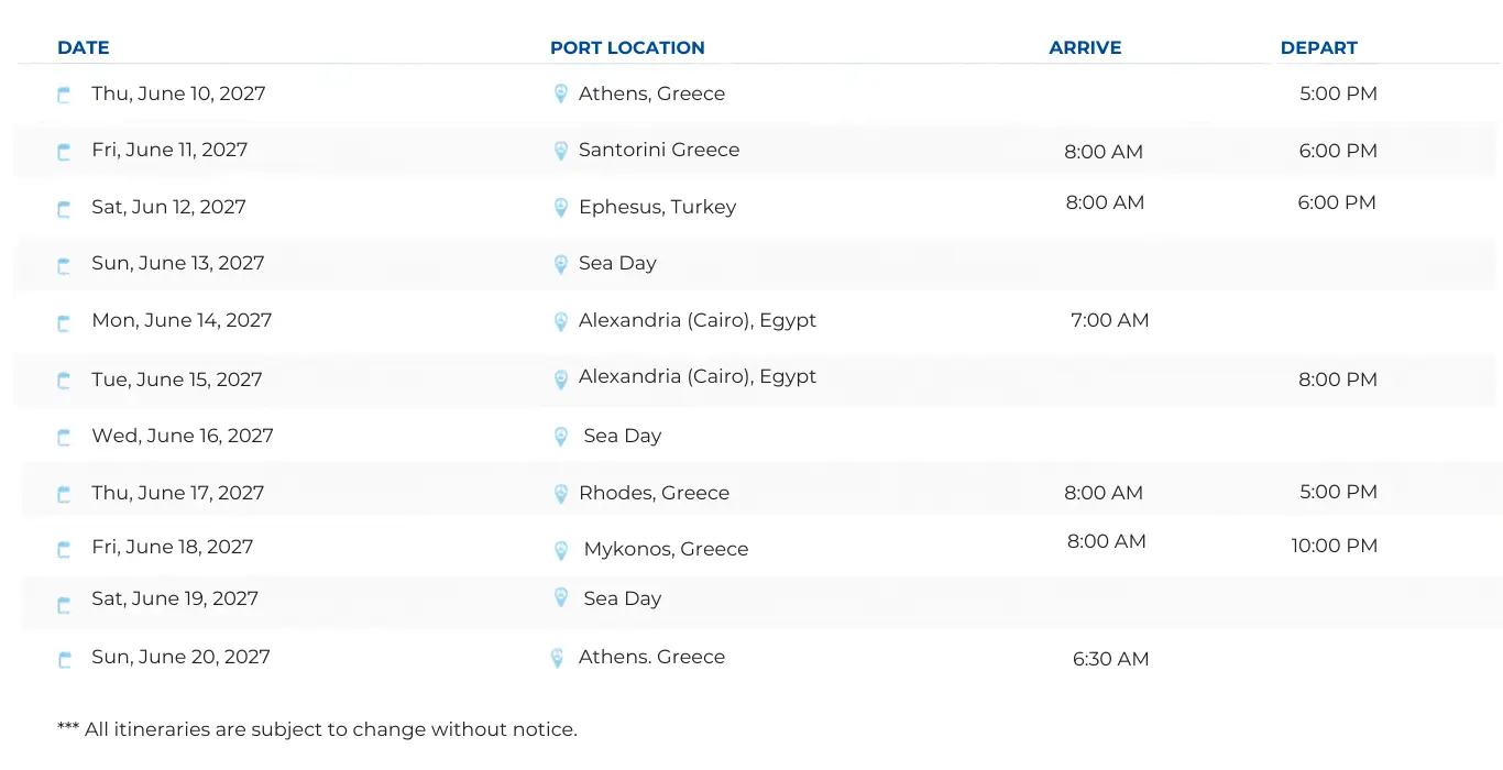 Adults only lifestyle group trip itinerary aboard Virgin Voyages Scarlet Lady from June 10 to 20, 2027, sailing roundtrip from Athens, Greece with stops in Santorini, Ephesus Turkey, Alexandria Egypt, Rhodes, and Mykonos, including three sea days.