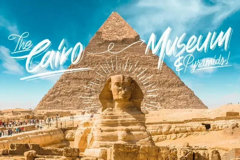 The Great Pyramid of Giza and the Sphinx in Cairo, Egypt, highlighted as an excursion during an adults only lifestyle group trip aboard Virgin Voyages Scarlet Lady.