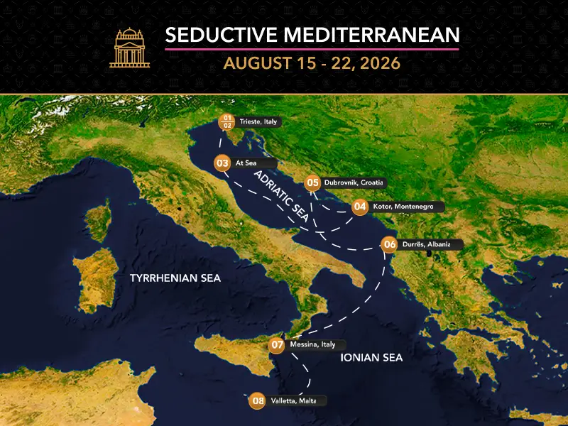 Cruise map showing the Desire Seductive Mediterranean 2026 swinger cruise route through Trieste, Kotor, Dubrovnik, Durrës, Crotone, and Valletta