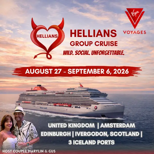 Adults only lifestyle group Hellians with Virgin Voyages branding, unique themed cruise community experience