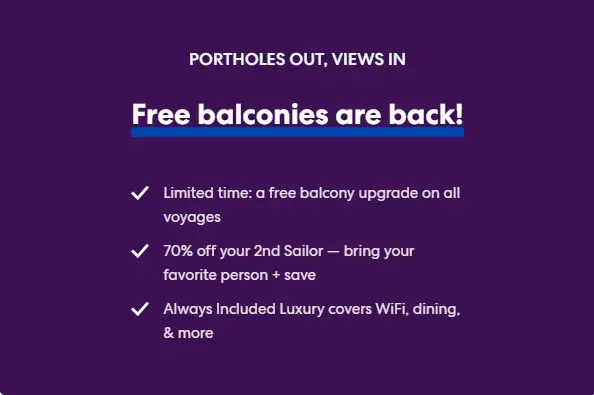 Virgin Voyages promotional offer featuring free balcony upgrades, 70% off the second sailor, and included WiFi, dining, and luxury amenities for an adults only lifestyle group trip to Greece, Turkey, and Cairo in 2027.