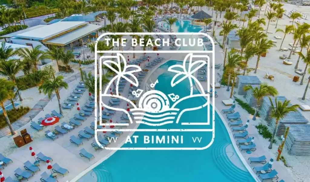 Aerial view of the Virgin Voyages Beach Club at Bimini, Bahamas, an exclusive stop on an adults only swinger cruise and lifestyle group sailing with Castaways Travel.