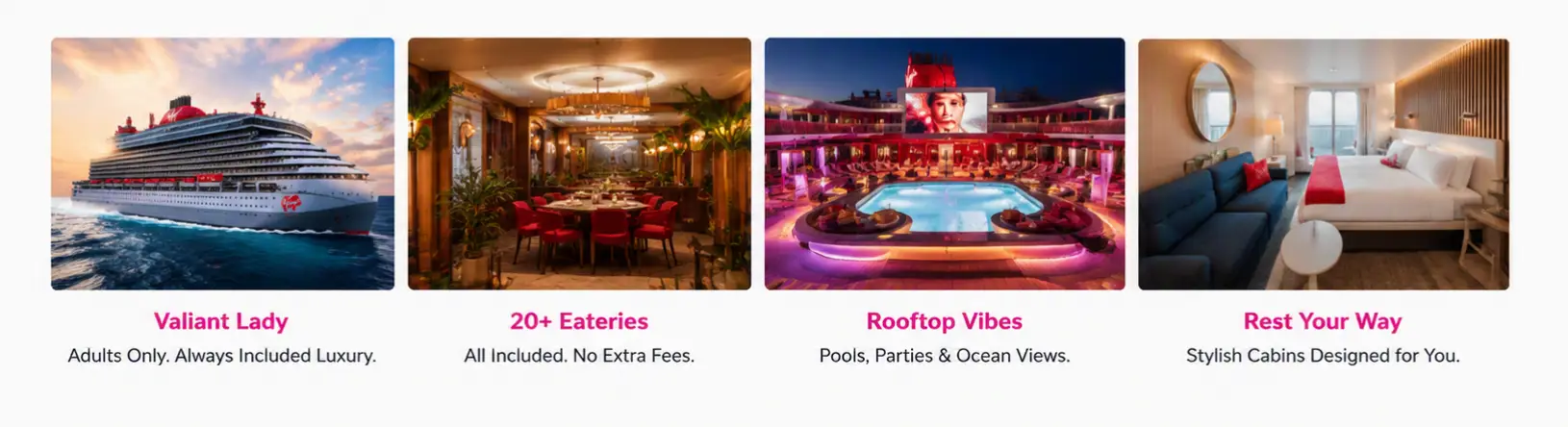 Collage featuring Virgin Voyages Valiant Lady, including the ship exterior, specialty restaurants, rooftop pool deck, and modern cabin accommodations for an adults only swinger cruise and lifestyle group vacation with Castaways Travel.