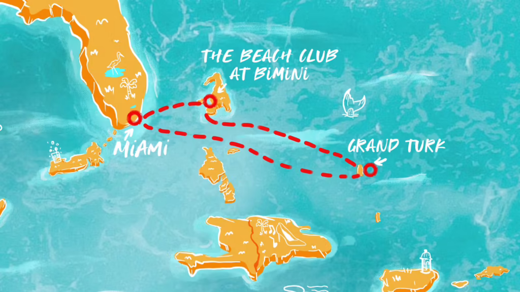 Route map of the Virgin Voyages Valiant Lady sailing from Miami to Grand Turk, Turks and Caicos, and The Beach Club at Bimini, Bahamas. Five night adults only lifestyle group cruise itinerary hosted by Rhavens Haven with Castaways Travel.