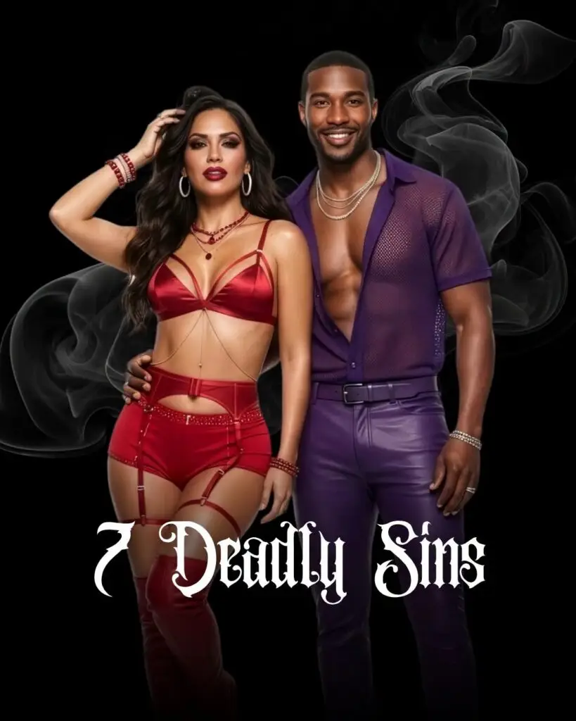 Couple dressed in bold red and purple outfits for the 7 Deadly Sins theme night on the Bliss Cruise November 2027 swinger cruise.