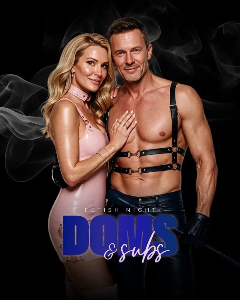 Couple wearing fetish inspired outfits for the Doms & Subs theme night on the Bliss Cruise November 2027 swinger cruise.