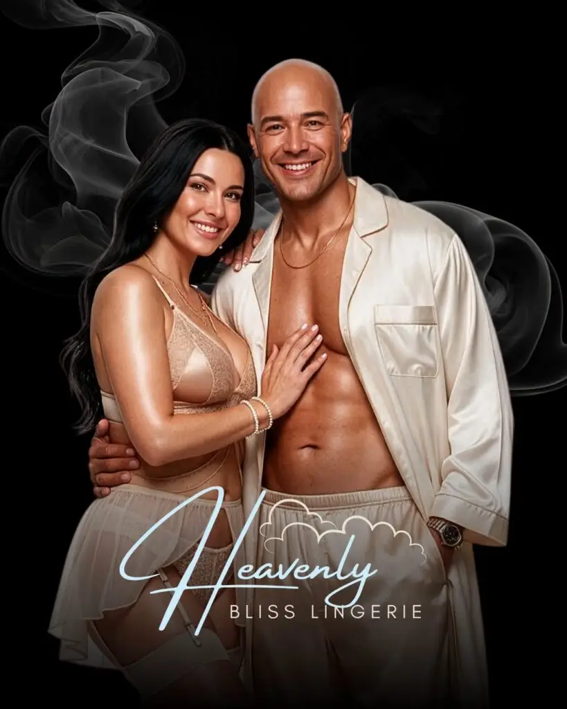 Couple modeling elegant white lingerie for Heavenly Bliss Lingerie Night on the Bliss Cruise November 2027 swinger cruise.