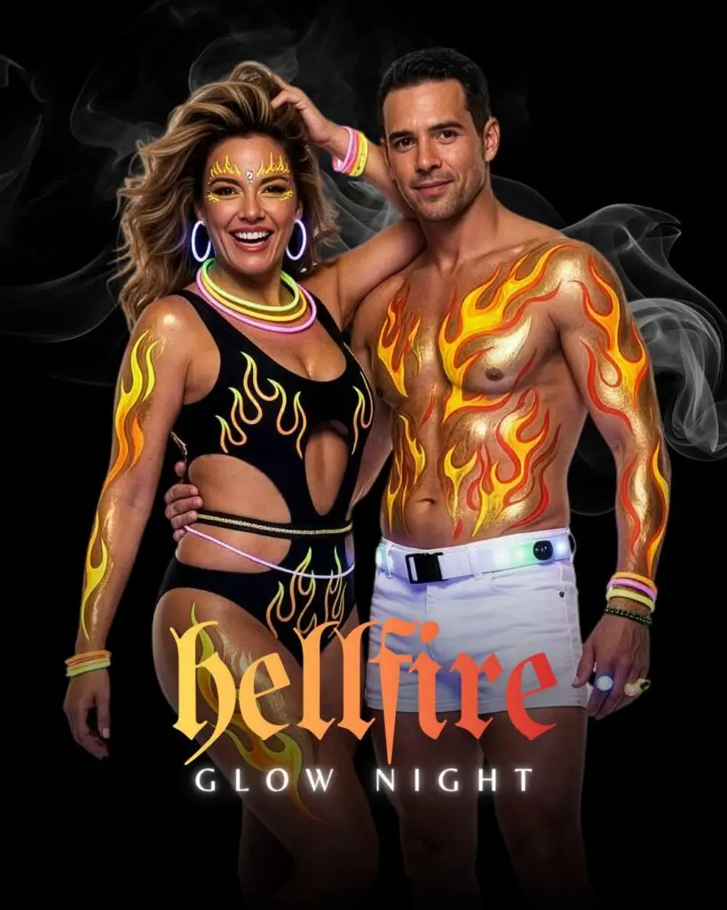 Couple with glowing body paint and neon accessories for Hellfire Glow Night on the Bliss Cruise November 2027 swinger cruise.