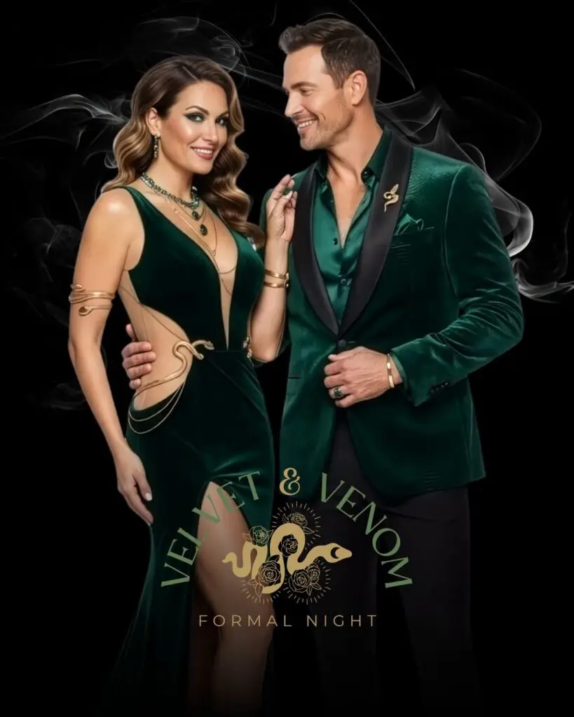 Couple dressed in emerald green formal attire for Velvet & Venom Formal Night on the Bliss Cruise November 2027 swinger cruise.