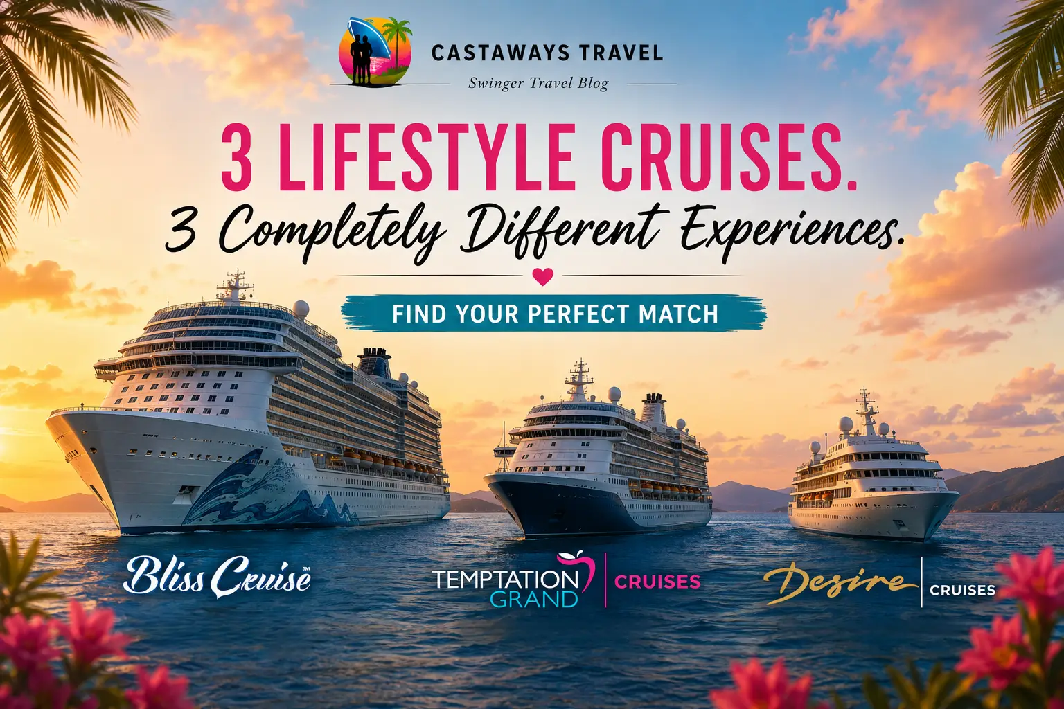 Bliss, Temptation and Desire lifestyle cruise comparison showing three different cruise experiences and ship sizes