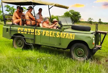 Guests enjoying a budget nude safari in Africa during a clothes free safari experience in South Africa.
