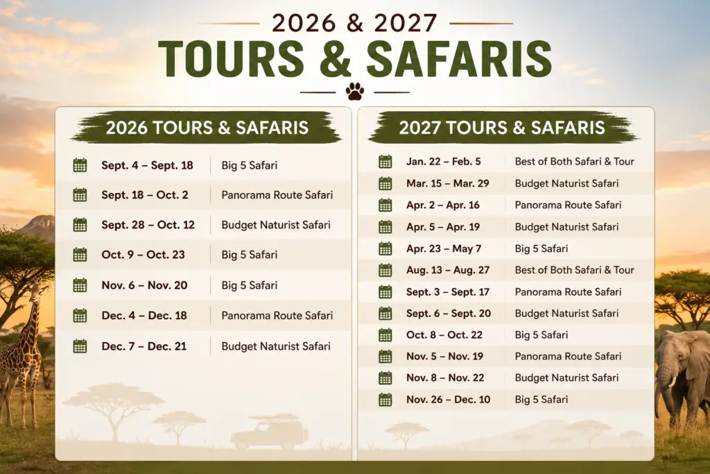 Castaways Nude Safari 2026 and 2027 tour schedule featuring Big 5 Safari, Budget Naturist Safari, Panorama Route Safari, and Best of Both Safari tours in South Africa.