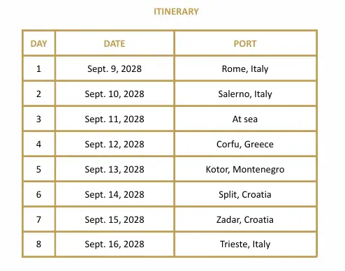 Desire Cruise Mediterranean 2028 itinerary showing ports of call including Rome, Salerno, Corfu, Kotor, Split, Zadar, and Trieste on a luxury adults only swinger cruise for couples.