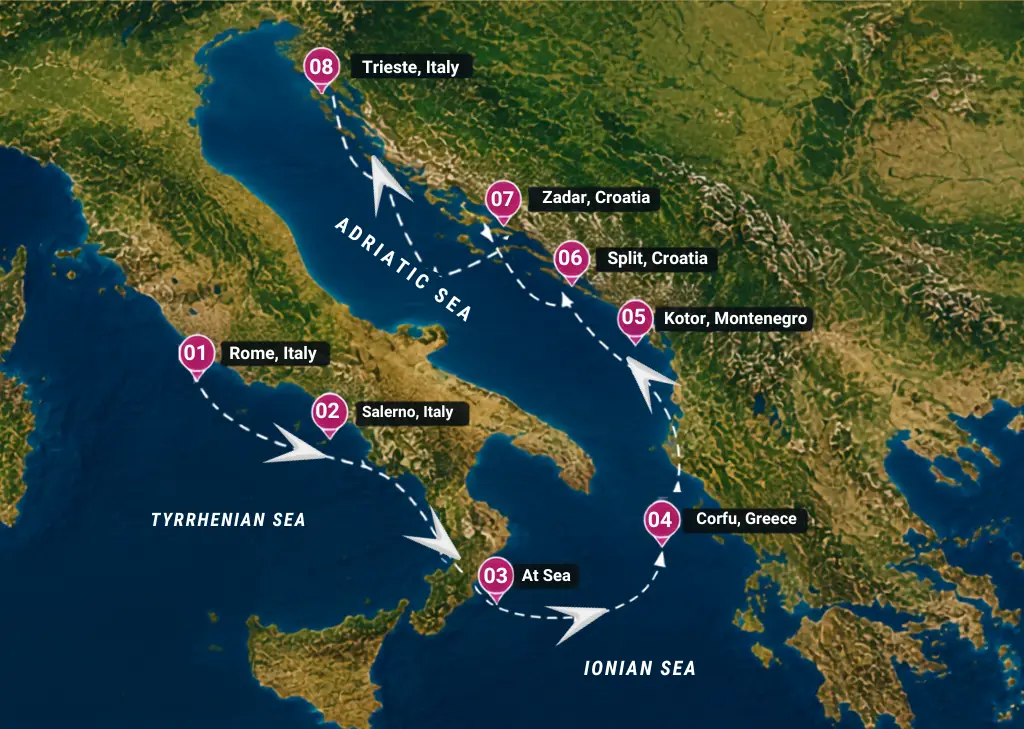 Map of the Desire Cruise Mediterranean 2028 itinerary showing the sailing route from Rome and Salerno, Italy to Corfu, Greece, Kotor, Montenegro, Split and Zadar, Croatia, ending in Trieste, Italy on a luxury adults only swinger cruise for couples.