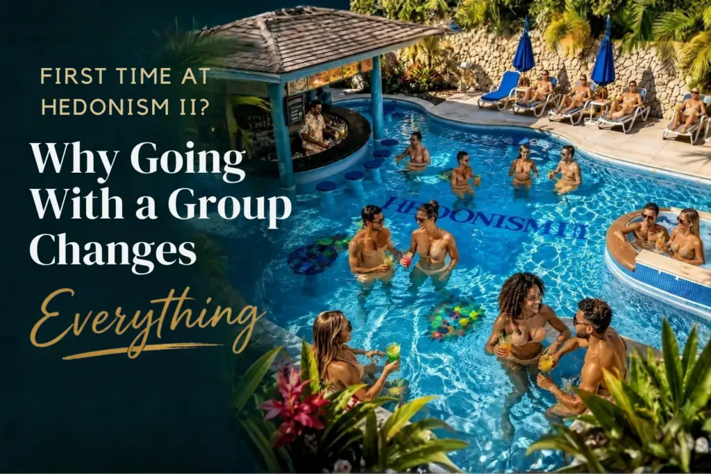 Guests socializing at the Hedonism II pool in Jamaica during a hosted group trip