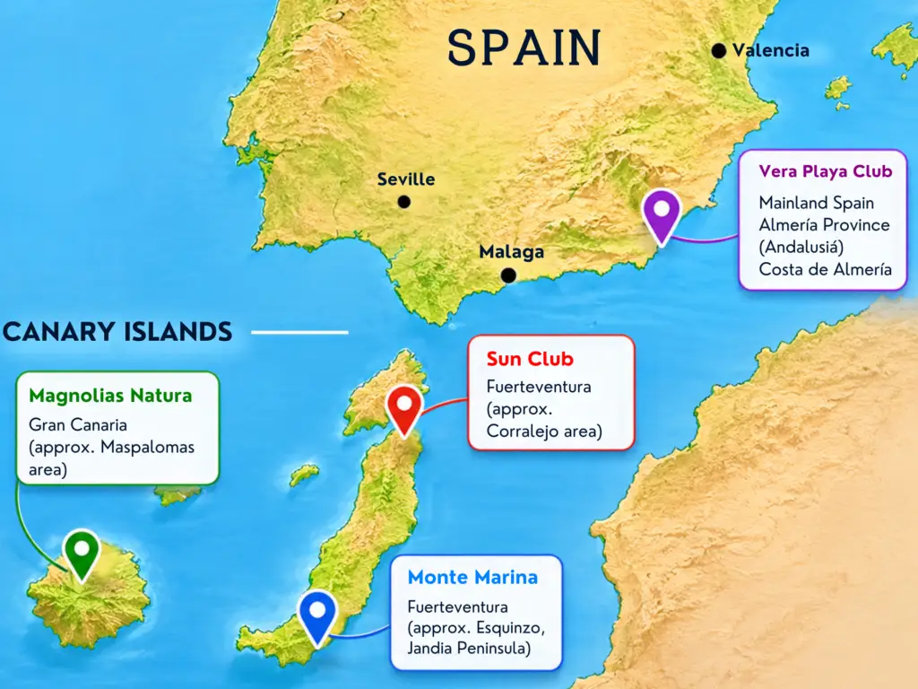 Map of naturist resorts in Spain and the Canary Islands