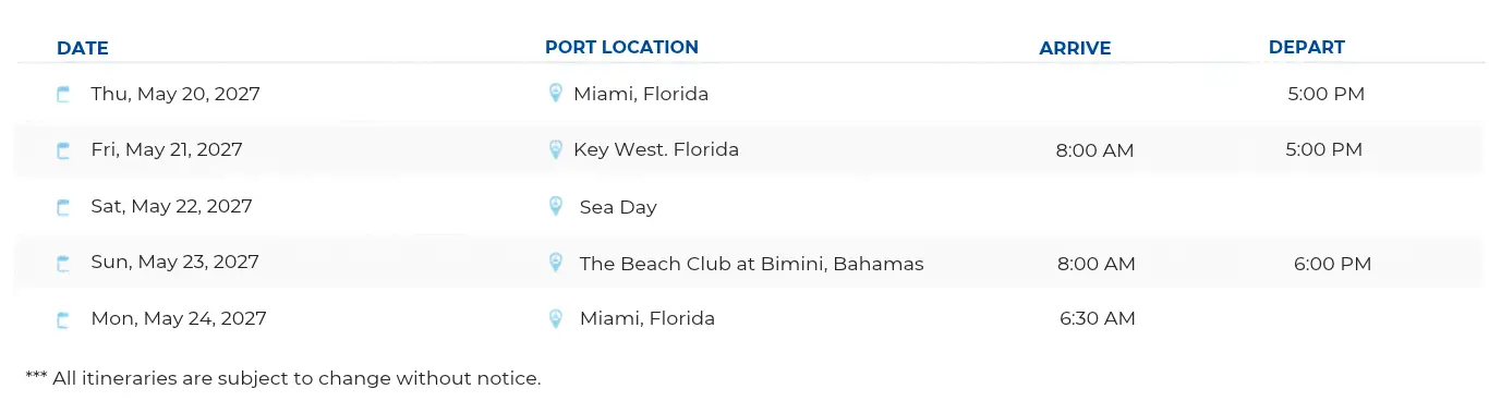 Virgin Voyages swinger group cruise itinerary to Key West and Bimini with Dancing Queen May 2027